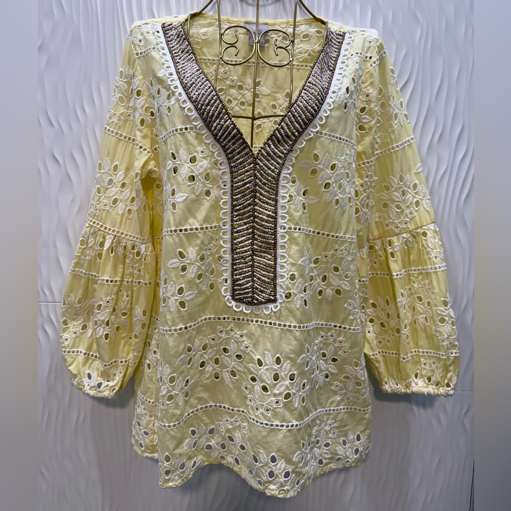 Chico's Yellow Eyelet Embroidered V-Neck Tunic with Brown Trim